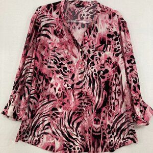 Ava & Grace size XL Pink Black Leopard Print Rolled Sleeve Stretch Popover Top